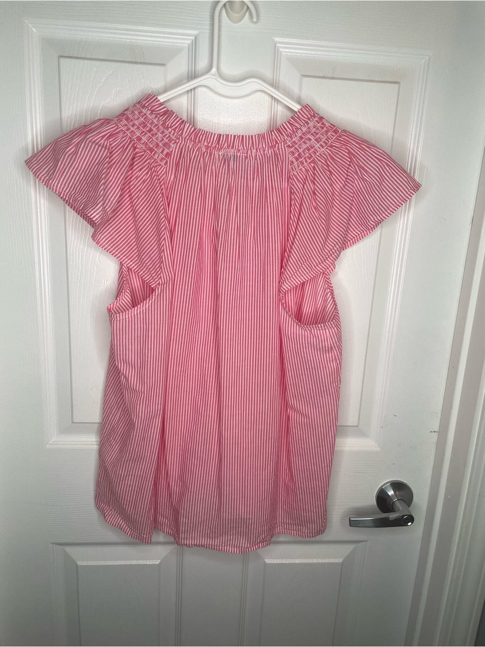 J. Crew Striped Flutter Sleeve Top CI328 Beach Coastal Vacation Pink/White L - Picture 4 of 11